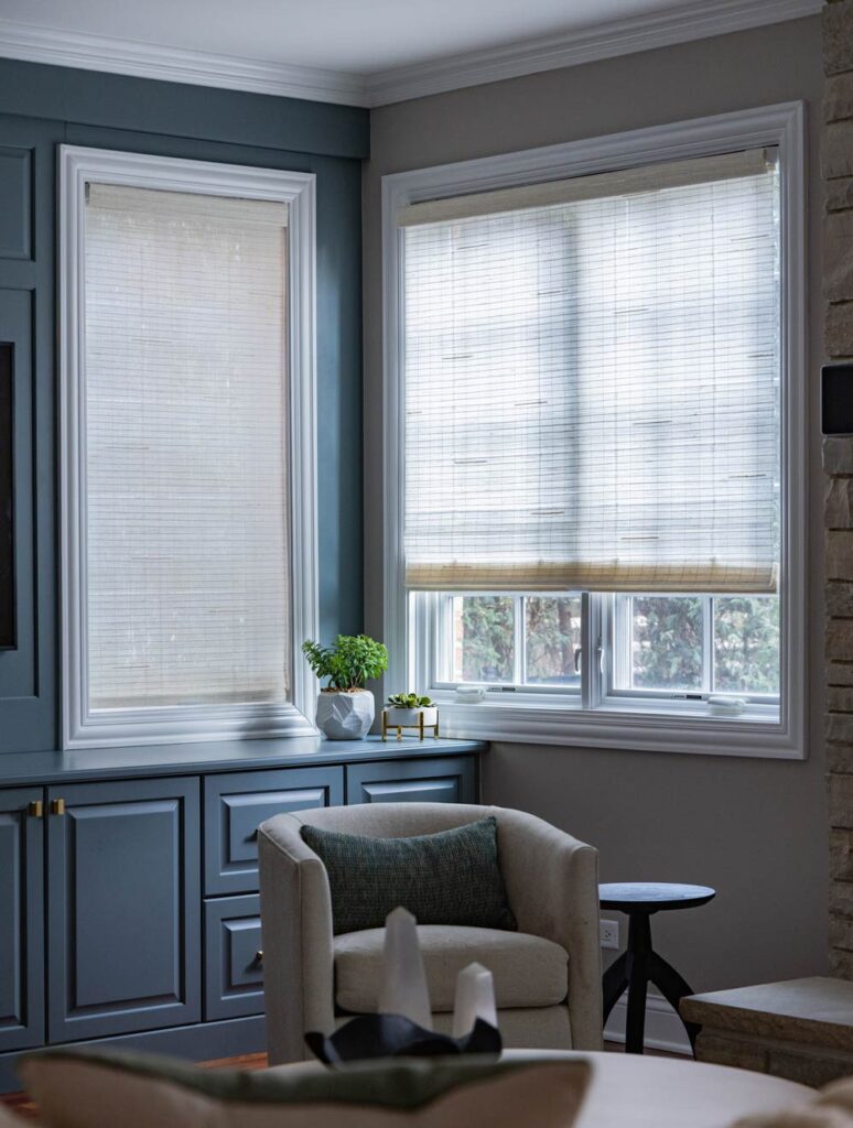woven wood shades on windows in White Plains living room for glare control