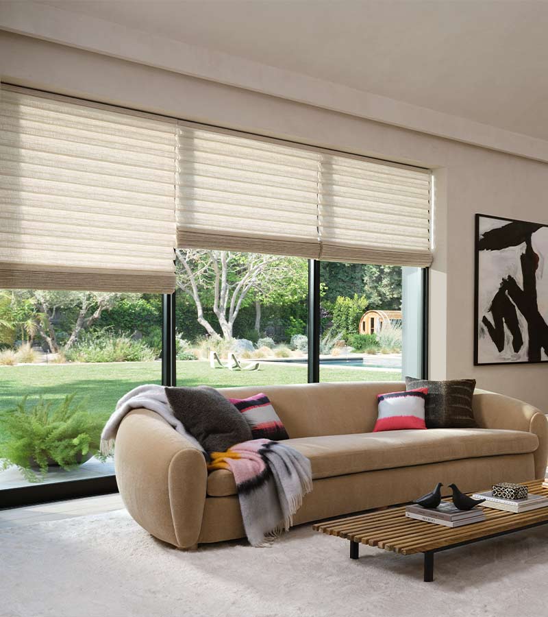 vignette-roman-shades-large-windows-hunter-douglas-skyline-window-coverings living room with custom roman shades