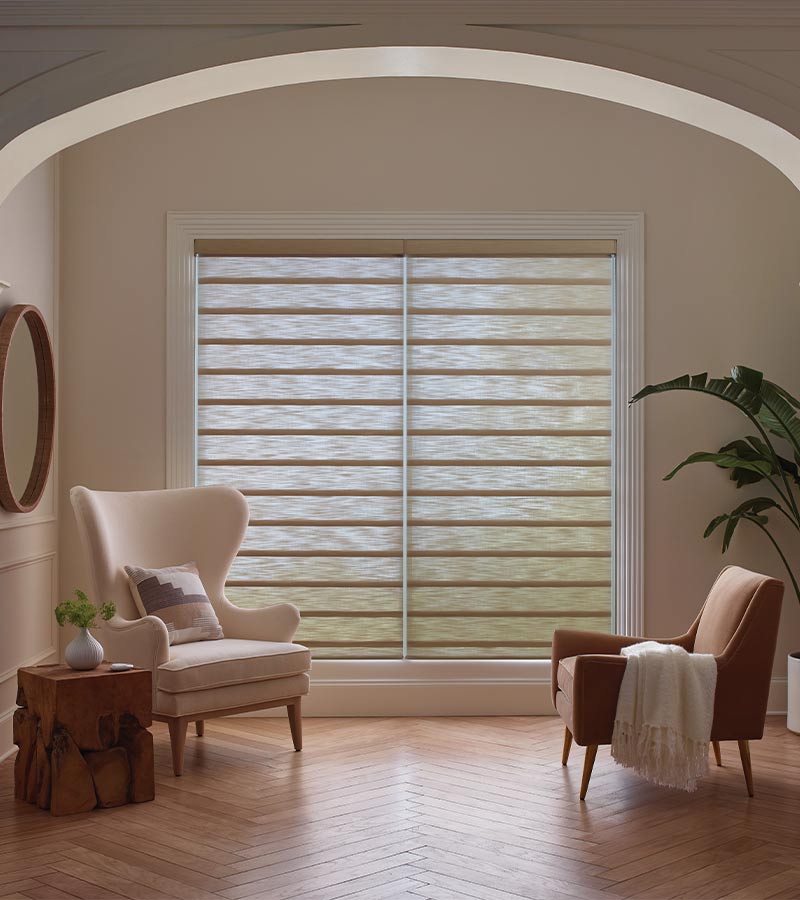 vignette-roman-shades-opacity-sheer-blinds-hunter-douglas-skyline-window-coverings large window in living room with opaque sheer roman shades