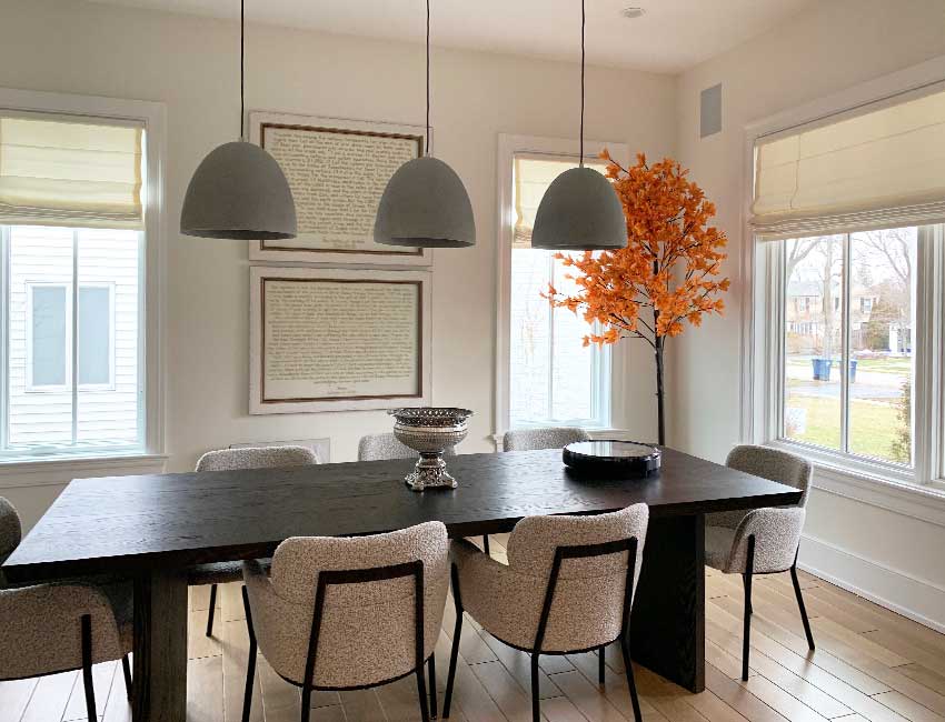 Soft fabric roman shades in a Westchester dining room