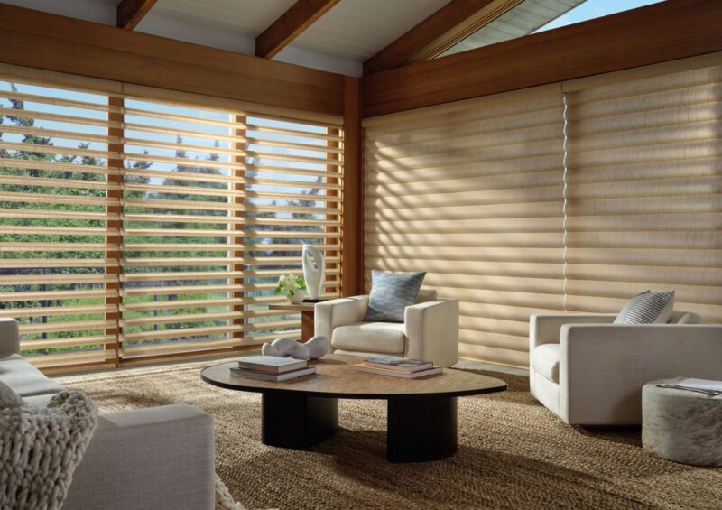 pirouette shades on floor to ceiling window for light control and reduced glare