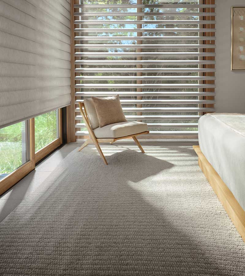 pirouette-window-treatments-floor-to-ceiling-shades-room-darkening-shades-hunter-douglas-skyline-window-coverings master bedroom with beige pirouette shades with closed and open vanes