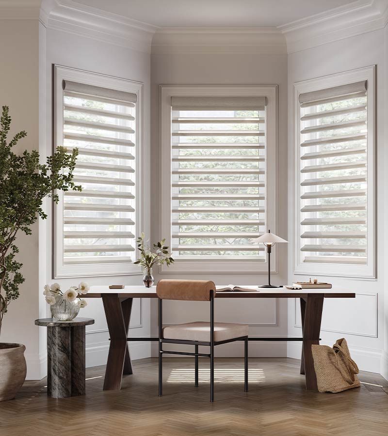 pirouette-window-treatments-home-office-smart-shades-hunter-douglas-skyline-window-coverings home office with custom pirouette window treatments