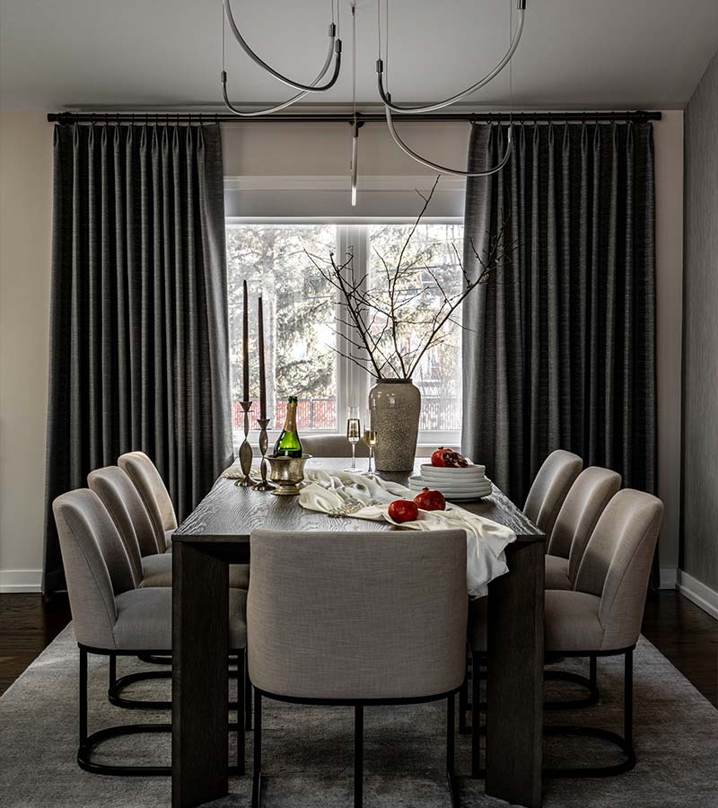 custom dining room drapery panels layered with window treatments