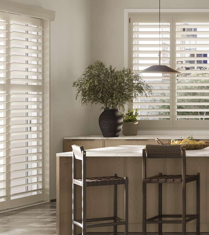 off white newstyle hybrid shutters for sunlit kitchen skyline window coverings