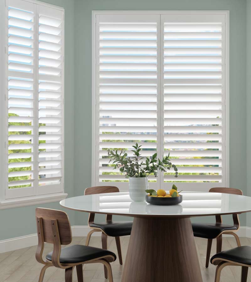 hunter douglas palm beach polystain shutters for calm dining nook