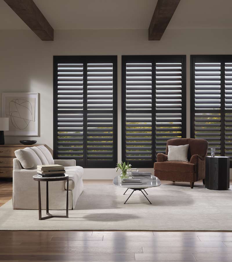 black newstyle hybrid shutters for modern living room