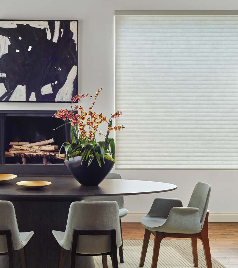 sonnette-shades-dining-room-gray-light-filtering-wide-window-cordless-skyline-window-coverings White cellular roller shades for dining room with light filtering solutions sonnette shades