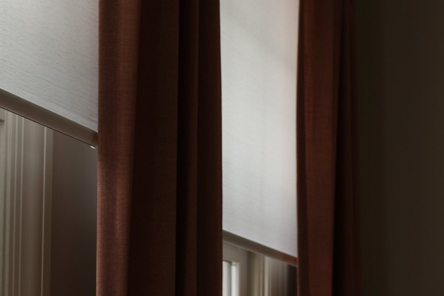 custom motorized shades and drapery across large windows in River West Chicago condo